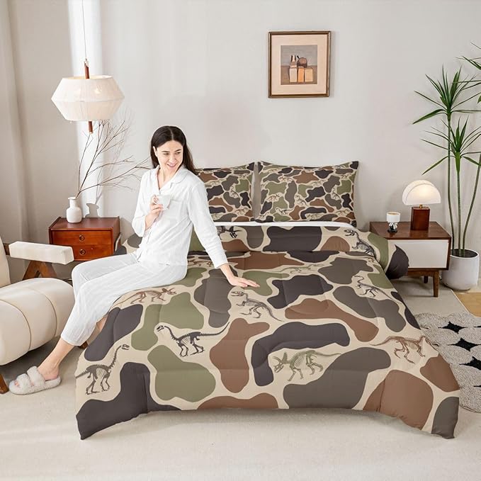 Erosebridal Camo Dino Comforter Set Toddler Size Army Camouflage Bedding Set for Kids Boys Girls Dinosaur Skeleton Farmhouse Green Comforter Boys Vintage Hunting Theme Quilt Bedroom Decor