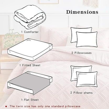 7 Pieces Tufted Bed in a Bag Queen Comforter Set with Sheets Blush Pink, Soft and Embroidery Shabby Chic Boho Bohemian, Luxury Solid with Diamond Pattern, Jacquard Tufts Bedding Set for All Season