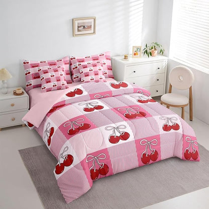 Feelyou Cherry Prints Comforter Set Queen Size 7 Pieces Pink Bow Bedding Set for Kids Boys Girls Buffalo Check Bed in a Bag with Comforter, Sheets, Pillowcases, Cushion Covers Cute Fruit