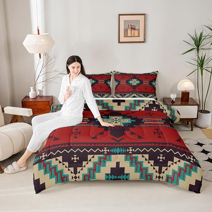 Western Bedding Comforter Set King Size,America Southwest Aztec Tribal Quilted Duvet 3pcs for Teens Kids Girls Women Bedroom Decor,Rustic Red Brown Duvet Insert with 2 Pillowcases