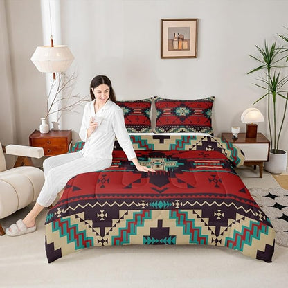 Western Bedding Comforter Set King Size,America Southwest Aztec Tribal Quilted Duvet 3pcs for Teens Kids Girls Women Bedroom Decor,Rustic Red Brown Duvet Insert with 2 Pillowcases