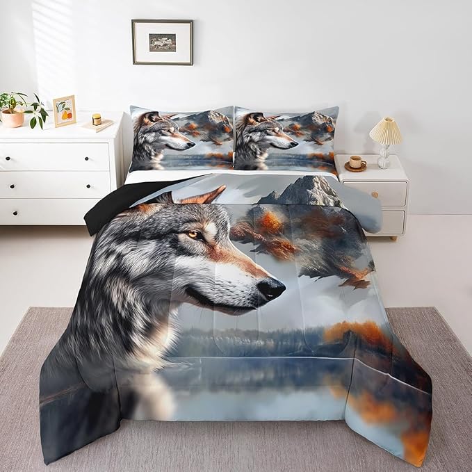 Erosebridal Hunting Wolf King Bedding Set,Wildlife Safari Comforter Set for Women Men Bedroom Decor,Rustic Mountain Theme Quilt Set Exotic Ethnic Bedding Comforter Sets,2 Pillowcases