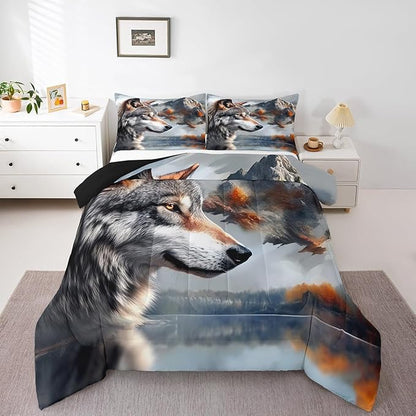 Erosebridal Hunting Wolf Queen Comforter Set,Wild Animal Safari Bedding Set for Women Men Room Decor,Rustic Mountain Theme Bed Set Exotic Ethnic Bedding Comforter Sets,2 Pillowcases