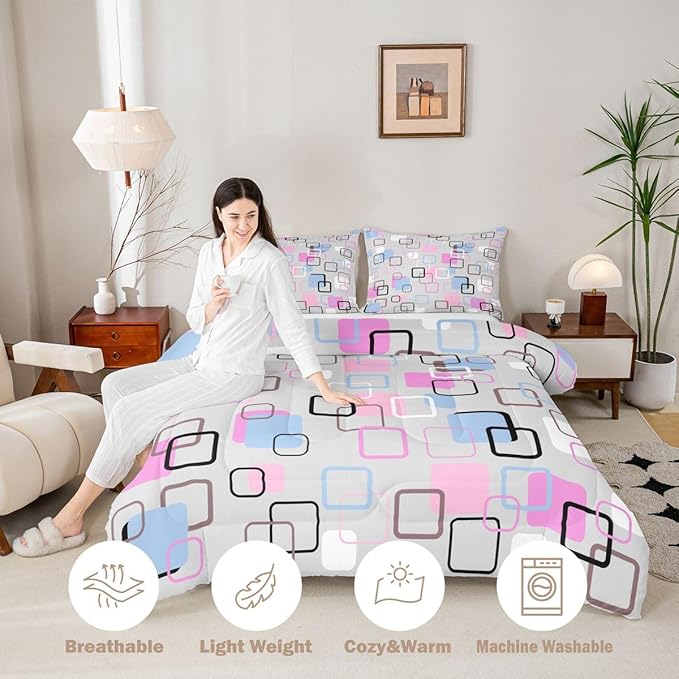 Erosebridal Pink Blue Geometric Square Comforter Set Queen Modern Abstract Striped Bedding Set Pastel Plaid Grid Comforter for Kids Girls Boys Aesthetic Gingham Checkered Quilt Duvet