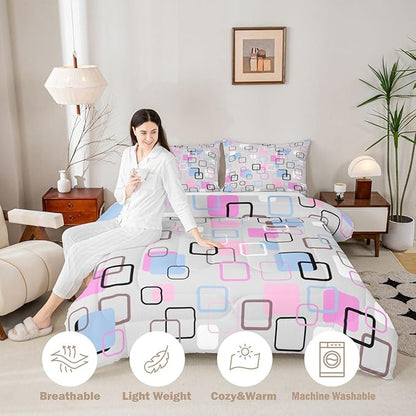 Erosebridal Pink Blue Geometric Square Comforter Set Queen Modern Abstract Striped Bedding Set Pastel Plaid Grid Comforter for Kids Girls Boys Aesthetic Gingham Checkered Quilt Duvet