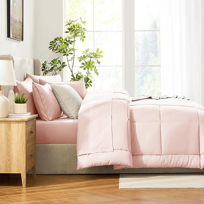 CozyLux Twin Comforter Set with Sheets Blush Pink, 5 Pieces Bed in a Bag, Pink Comforter Twin Size, All Season Bedding Set with Stitch Quilted Comforter, Flat Sheet, Fitted Sheet, Pillowcases