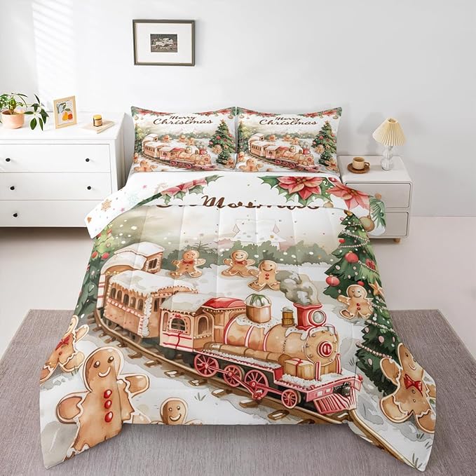 Christmas Train Bedding Sets Twin Size,Gingerbread Men Comforter Set 2Pcs for Kids Girls Boys Women Room Decor,Xmas Tree Quilted Duvet Merry Christmas Down Comforter,1 Pillowcase