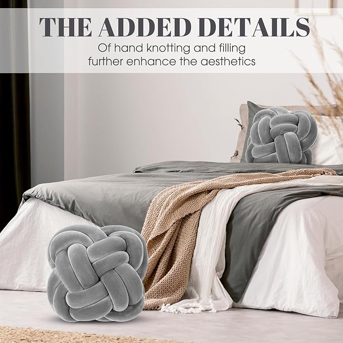 2 Pcs Knot Pillow Balls Set, 12 Inch Soft Decorative Throw Knot Pillow Ball, Large Square Knotted Floor Cushion for Living Room Bedroom Sofa Couch Bed Home Decoration(Light Gray)