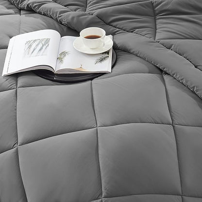 SLEEP ZONE Twin Comforter Set, 7 Pieces Comforter Bed in A Bag, Solid Color All Season Soft Down Alternative Comforter & Luxurious Microfiber Bed Sheets (Grey Square, Twin)