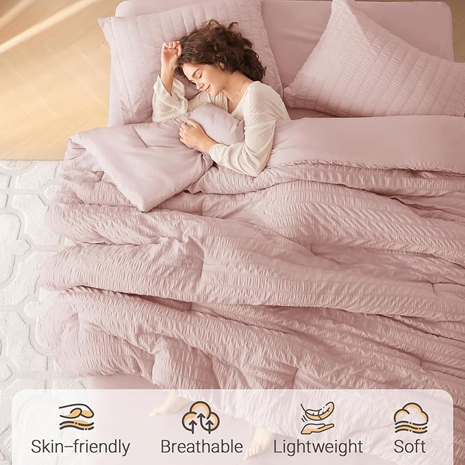 MUXHOMO 7 Pieces California King Comforter Set, Seersucker Bed in a Bag Cal King Size, All Season Luxury Bedding Set with Comforter, Flat Sheet, Fitted Sheet, Pillowcases & Shams, Rose Gold