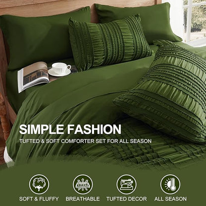 Dark Green Tufted Textured Comforter Set Queen Size, 7 Piece Bed in a Bag，Shabby Chic Boho Bedding for Bedroom Comforter，All Season Soft Microfiber Ruffle Comforter Set with Pillow and Sheets