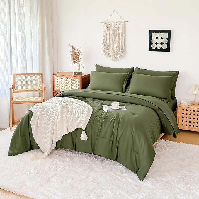 King Comforter Duvet Cover Set Olive Green - 7-Piece Bed in a Bag, Double Brushed Micorfiber All-Season Soft Bedding with Sheets & Envelope Pillowcases (102"x90",King)