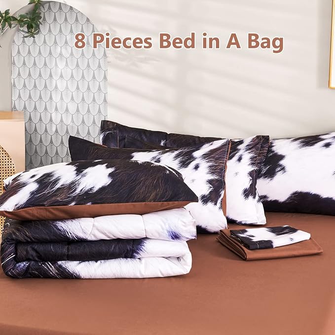 SUCSES King Size Comforter Set 8 Pieces Western Farmhouse Style Bedding Set Highland Rustic Cow Fur Print Bed in A Bag Comforter Set with Sheets (Cow Fur Pattern, King)