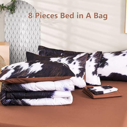 SUCSES King Size Comforter Set 8 Pieces Western Farmhouse Style Bedding Set Highland Rustic Cow Fur Print Bed in A Bag Comforter Set with Sheets (Cow Fur Pattern, King)