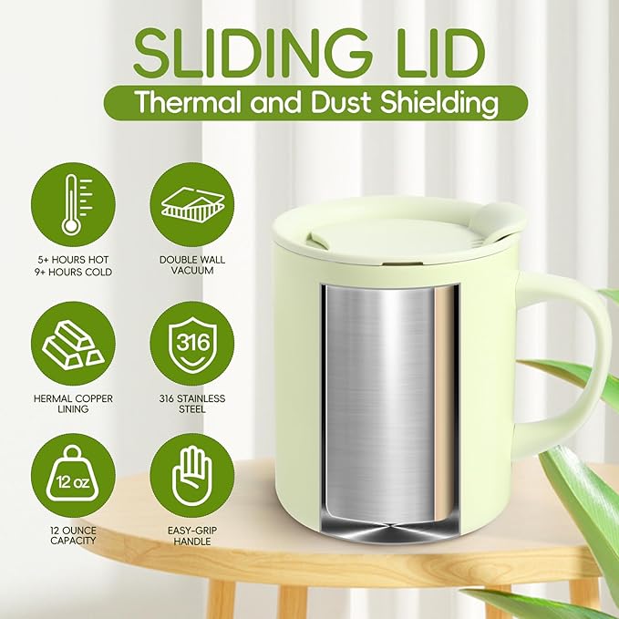 12oz Insulated Camping Coffee Mug with Lid & Handle, Double Wall Stainless Steel Vacuum Travel Coffee Cup, Reusable Tumbler for Home Office Camping - Green