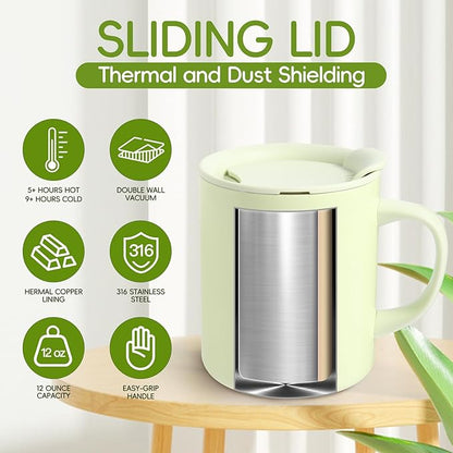 12oz Insulated Camping Coffee Mug with Lid & Handle, Double Wall Stainless Steel Vacuum Travel Coffee Cup, Reusable Tumbler for Home Office Camping - Green
