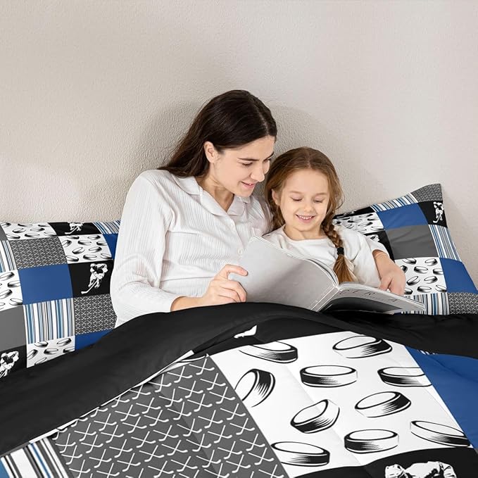 Feelyou Ice Hockey Bedding Set Soft for Boys Girls, Ice Sports Games Comforter Set Full Size Hockey Player Duvet Quilt Microfiber Winter Sports Bedroom Decor Gray Blue 3 Pcs with 2 Pillow Cases
