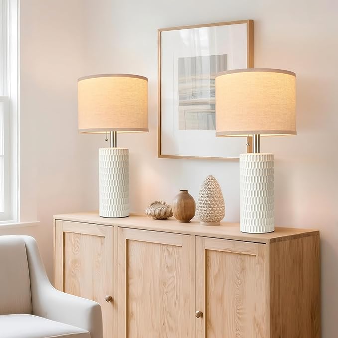 20.5" Modern Ceramic Table Lamps for Bedroom Set of 2, Bedside Lamps for Night Stands with Beige Lampshade, Farmhouse Table Lamp for Living Room Office Dorm, White