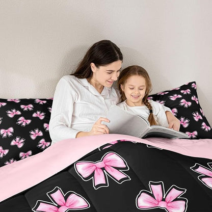 Erosebridal Coquette Bow Bedding Set Queen for Girls Pink Bowknot Comforter Set for Kids Teen Girls Women Bedroom Black Pink Comforter Princess Trendy Aesthetic Bows Quilt Duvet