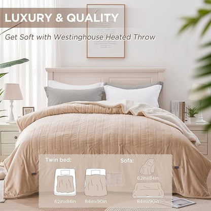 Westinghouse Heated Blanket King Size, Soft Flannel to Sherpa Electric Blanket with 10 Heating Levels, 1-12 Hours Auto Shut Off, Fast Heating, Machine Washable, 100x90 Inch, Beige