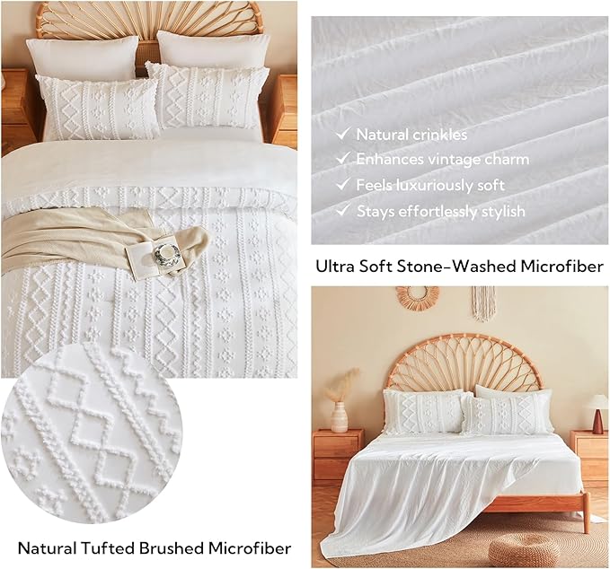 MR&HM Farmhouse Comforter Set King 7 Pieces, White Tufted Boho Beddding Sets, Bed in a Bag with 1 Comforter, 2 Pillow Shams, 2 Pillowcases, 1 Flat Sheet, 1 Fitted Sheet for All Seasons