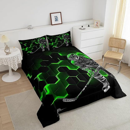 Erosebridal Twin Comforter Set for Boys,Ice Hockey Bedding Set for Kids,Green Neon Honeycomb Quilted Duvet,Winter Hockey Puck Sketch Duvet Insert with 1 Pillowcase Lightweight Warm