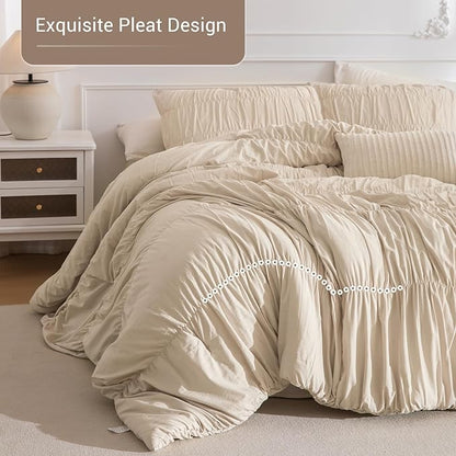 Lady Ann King Bed Comforter Set - Wheat Ruched Boho 106"*95" Bedding Comforter Set for Bedroom, 3 Piece Fluffy Bedroom Set with Pillow Shams Ultra Soft and Luxurious All Season Bed Sets