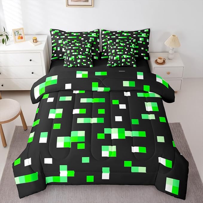 Castle Fairy Green Miner Grid Comforter Set - 7 Pieces Twin Size,Pixelated Blocks All Season Reversible Bed in a Bag Geometric Square Bedding Set Pixel Theme Flat Sheet,Fitted Sheet,Pillowcases