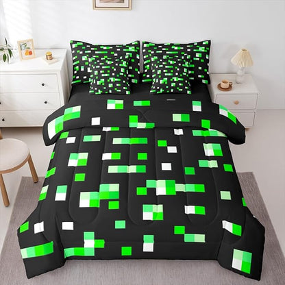 Castle Fairy Green Miner Grid 7 Piece Comforter Sets King Size,Pixelated Blocks All Season Reversible Bed in a Bag Geometric Square Bedding Sets Pixel Theme Flat Sheet,Fitted Sheet,Pillowcases