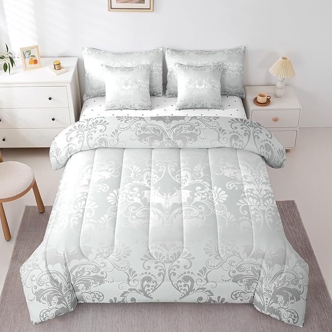 Erosebridal Gothic Damask Bed in a Bag King Size Comforter Set 7 Pieces,Halloween Bat Bedding Sets Silver White Victorian Floral Goth Sheet Set with Comforter