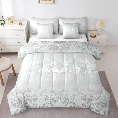 Erosebridal Gothic Damask Bed in a Bag King Size Comforter Set 7 Pieces,Halloween Bat Bedding Sets Silver White Victorian Floral Goth Sheet Set with Comforter