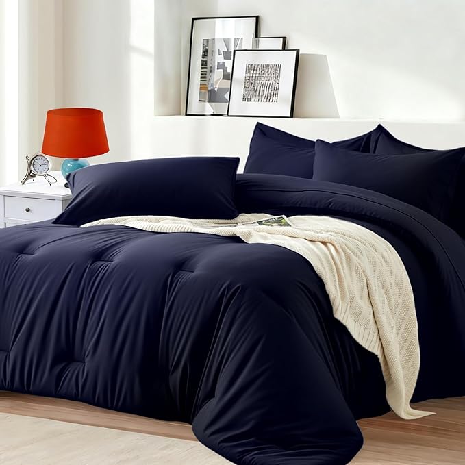 Oversized King Comforter Set 7 Pieces - Ultra-Soft Bed in a Bag, Cozy Luxury All Season Bedding Sets with Comforter, Flat Sheet, Fitted Sheet, 2 Pillow Shams & 2 Pillowcases, Navy Blue