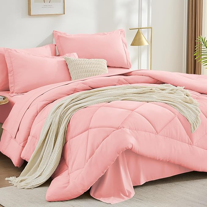 FUANNA 7 Pieces Queen Comforter Set, All Season Bed in a Bag Queen Size, Luxury Soft Bedding Sets with Comforter, Flat Sheet, Fitted Sheet, Pillowcases & Pillow Shams, Pink