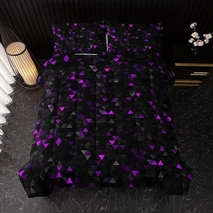 Geometric Violet Black Comforter Set,Triangle Honeycomb 3 PCS Bedding Set King Size for Teen Adult,Modern Quilt Set Geometry Decor,Microfiber Lightweight 1 Comforter 2 Pillowcases