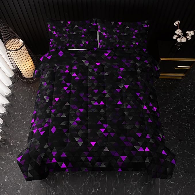 Geometric Violet Black Comforter Set,Triangle Honeycomb 3 PCS Bedding Set Queen Size for Teen Adult,Modern Quilt Set Geometry Decor,Microfiber Lightweight 1 Comforter 2 Pillowcases