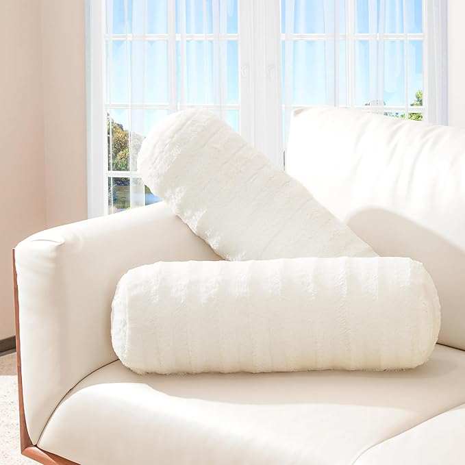 Cheer Collection Faux Fur Bolster Pillows – Soft Decorative Cylinder Pillows for Bed or Couch, Machine Washable – 8” x 24”, Set of 2, White