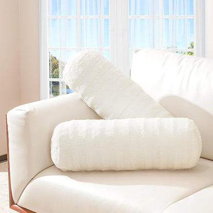 Cheer Collection Faux Fur Bolster Pillows – Soft Decorative Cylinder Pillows for Bed or Couch, Machine Washable – 8” x 24”, Set of 2, White