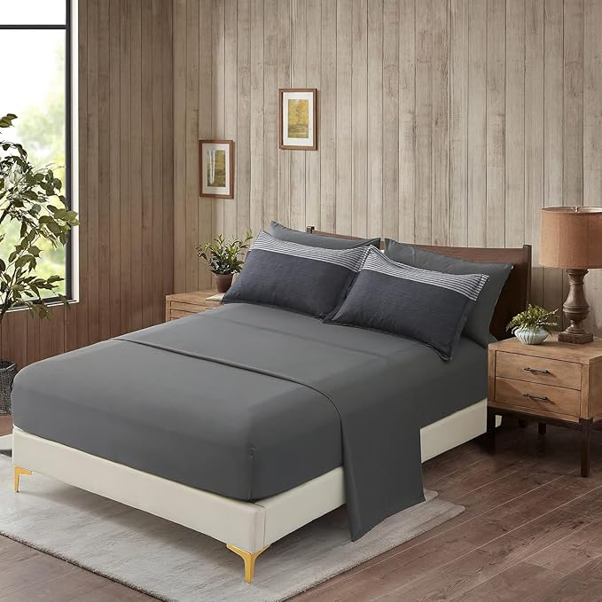 Anibedding 7 Pieces Bed in a Bag Black Grey Comforter Full Size, Lightweight Striped Microfiber Bedding Set for Bedroom (1 Comforter, 2 Pillowcase, 2 Pillow Shams,1 Flat Sheet, 1 Fitted Sheet)