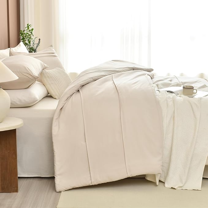Masaca Oversized King Comforter 128"x120",Solid Color Pinch Pleated Extra Large King Comforter Set,3 Pieces Soft Textured Wheat Bedding Comforter Set Ultra Soft
