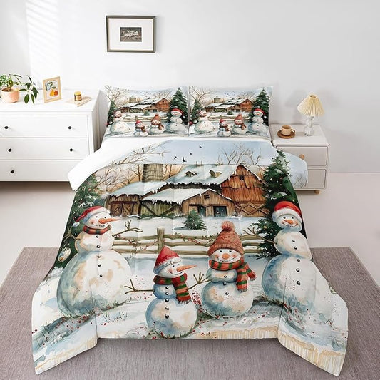 Cute Snowman Comforter Set Full Size,Rustic Cabin Barn Bedding Set 3Pcs for Kids Girls Boys Teens Room Decor,Winter Christman Theme Quilt Set Vintage Countryside Duvet Insert,2 Pillowcases