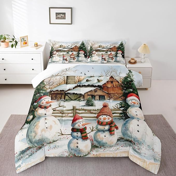 Cute Snowman Comforter Set King Size,Rustic Cabin Barn Bedding Set 3Pcs for Kids Girls Boys Teens Room Decor,Winter Christman Theme Quilt Set Vintage Countryside Duvet Insert,2 Pillowcases