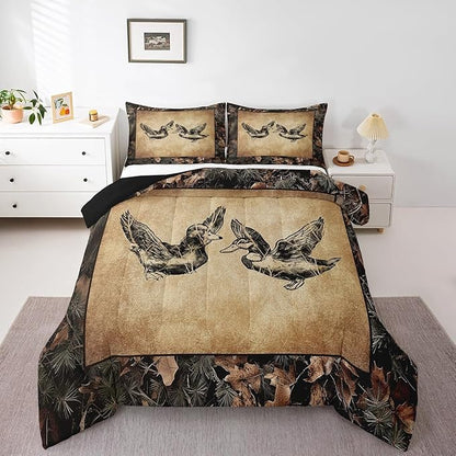 Erosebridal Hunting Duck Comforter Set Twin Tree Branch Camo Mallard Duck Bedding Set for Hunter,Rustic Farmhouse Cabin Bedding Comforter Sets for Boys Men,Camouflage Wildlife Animal Quilt Set