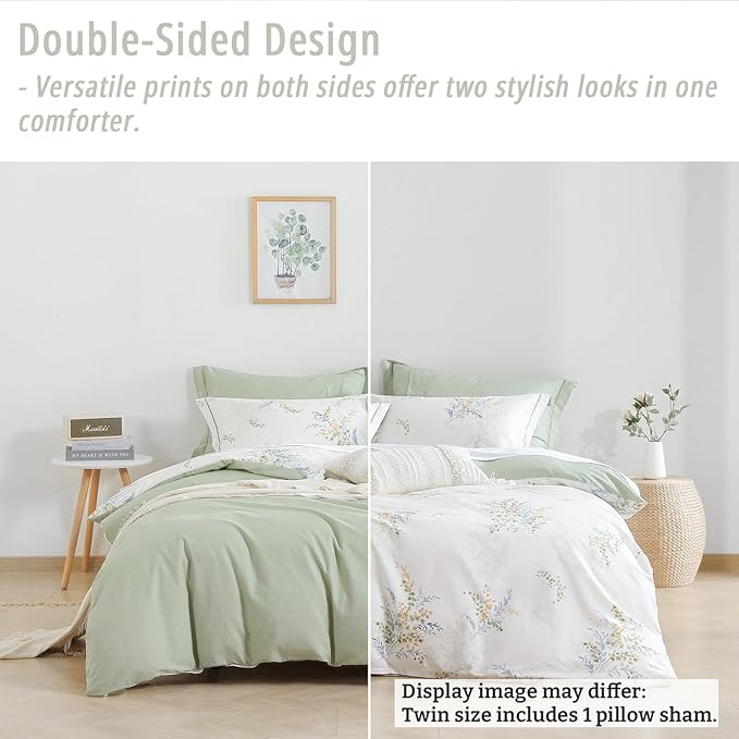 White Cotton Comforter Twin Size 2Pcs - Blue Branches & Orange and Green Buds on White, Chevron Sage Green Back, Reversible Lightweight Bedding Sets with Soft Fill(1 Comfoter, 1 Pillowcase)