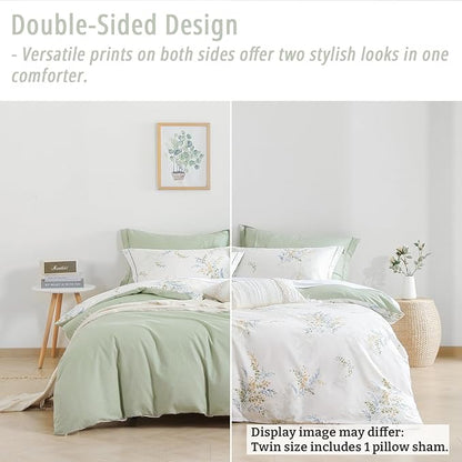 White Cotton Comforter Twin Size 2Pcs - Blue Branches & Orange and Green Buds on White, Chevron Sage Green Back, Reversible Lightweight Bedding Sets with Soft Fill(1 Comfoter, 1 Pillowcase)