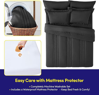 Queen Comforter Set Quilted Stripe Bedding Bundle – Stylish Set with Comforter, Mattress Protector, Sheet Set & Pillow Shams — Sophisticated Striped Design for Home & Guest Rooms, Black