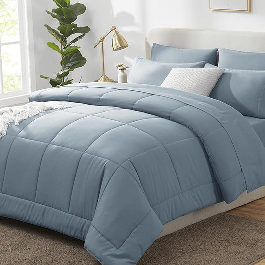 CozyLux Oversized King Comforter Sets Grayish Blue, 7 Pieces Bed in a Bag, Ultra-Soft All Season Bedding Sets with Stitch Quilted Comforter, Flat Sheet, Fitted Sheet, Pillowcases, Grayish Blue