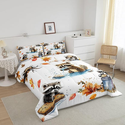 Fall Jungle Kids Comforter Twin,Kawaii Raccoon Animals Bedding Set for Girls Youth Bedroom Decor,Retro Autumn Fallen Leaves Reversible Quilt Sets,Cute Wildlife Bedding Comforter Set,Soft Fluffy