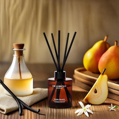 Aroma Diffuser for Home – Golden Reverie Reed Diffuser with Essential Oils – Long Lasting Room Scent Diffuser, Vanilla Pear Scent – 150ml