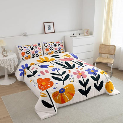 Hippie Floral Kids Comforter Set Toddler Size,Vintage 70s Retro Bohemian Reversible Quilt Set for Boys Girls Teens,Groovy Flowers Plant Cartoon Sketch Duvet Insert with 1 Pillowcase