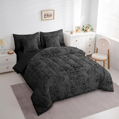 Erosebridal Gothic Damask Bed in a Bag Queen Comforter Set 7 Piece,Sun Moon Tree of Life Bedding Sets Black Grey Victorian Floral Goth Sheet Set with Comforter